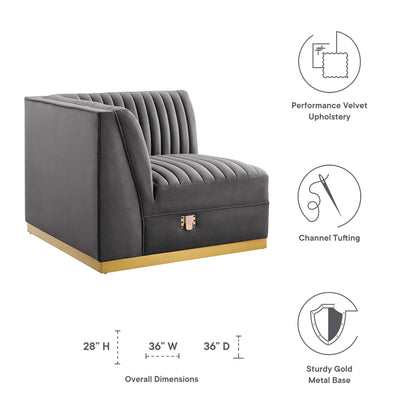 Dark gray performance velvet channel-tufted modular sectional left corner chair with a gold metal base, 28H x 36W x 36D.