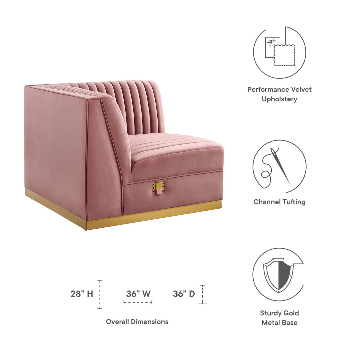 Modway Outlet Sanguine Channel Tufted Performance Velvet Modular Sectional Sofa Right Corner Chair by Modway  Living Room Furniture Dusty Rose - EEI-6035-DUS