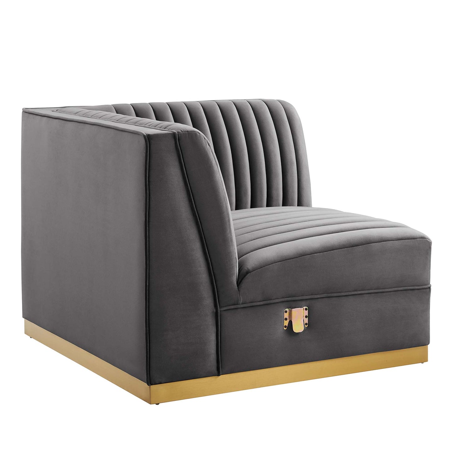 Gray velvet sofa with vertical channel tufting, square arms, and gold-tone base for modern living room style.