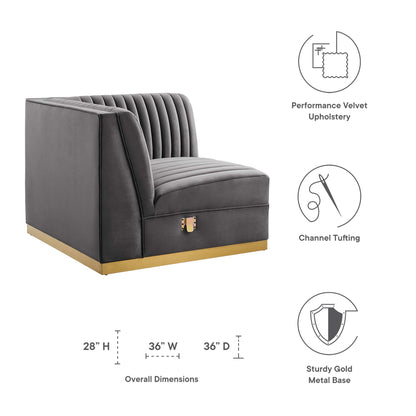 Gray performance velvet sectional sofa with vertical channel tufting and sturdy gold metal base.