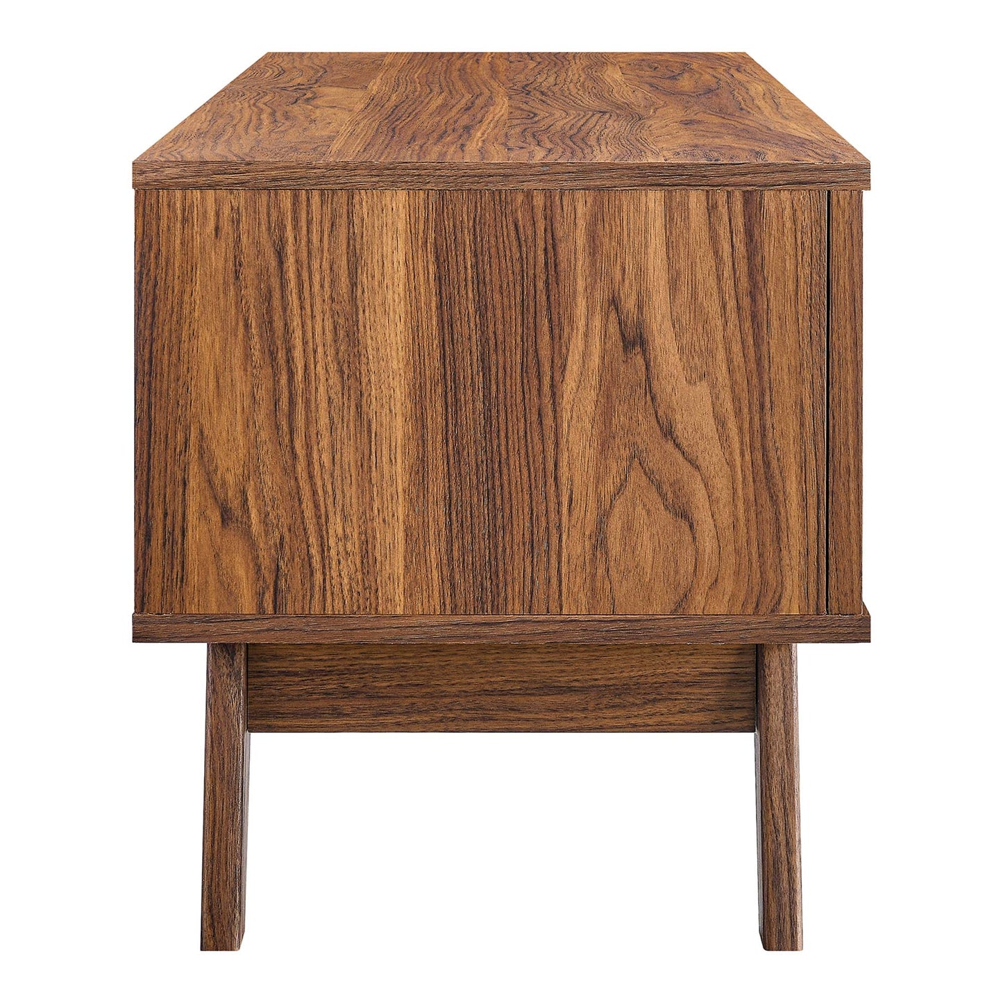 Walnut-finish mid-century modern TV stand with a boxy cabinet and tapered legs, 47" wide.