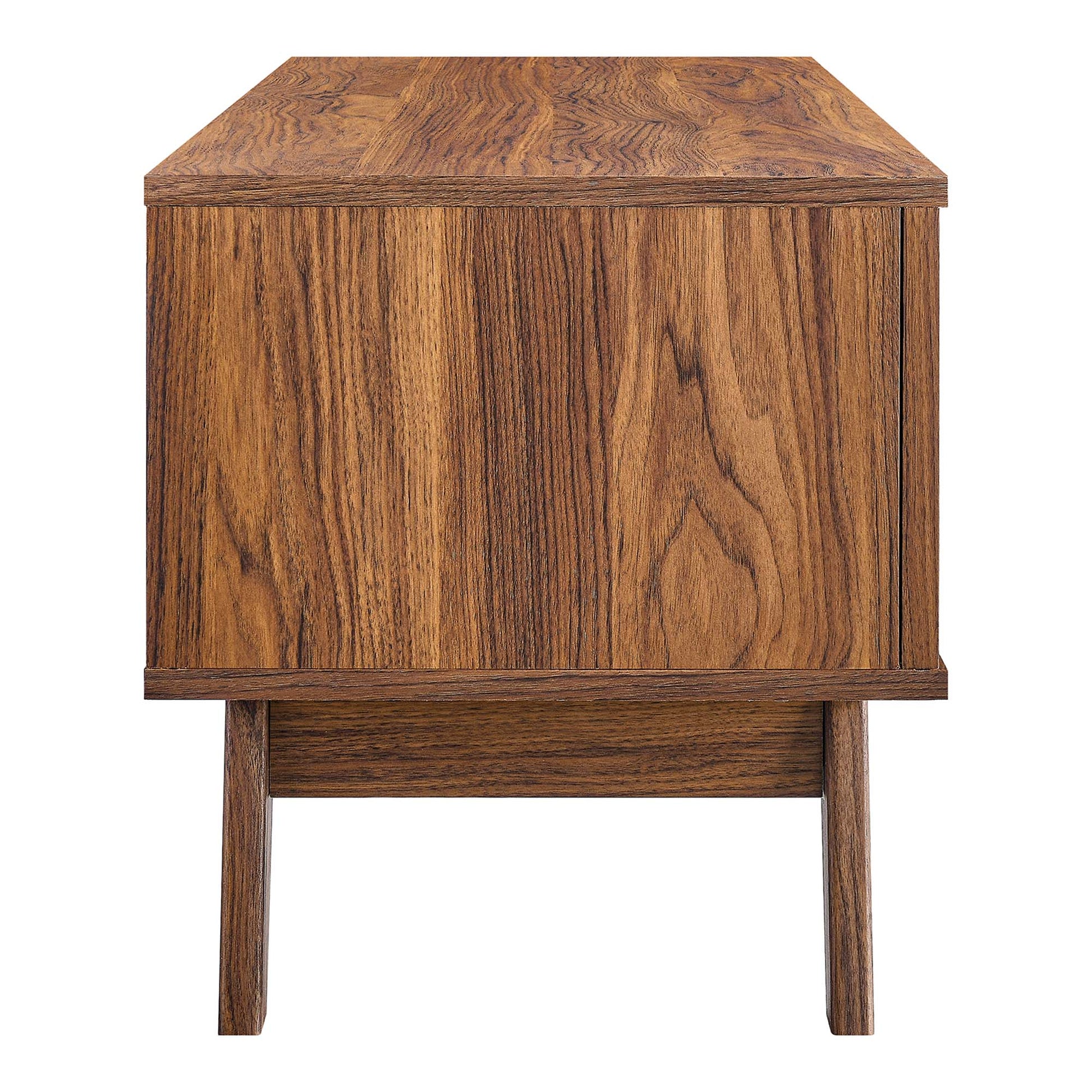 Walnut-finish mid-century modern TV stand with a boxy cabinet and tapered legs, 47" wide.