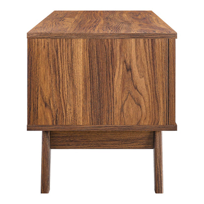Walnut-finish mid-century modern TV stand with a boxy cabinet and tapered legs, 47" wide.