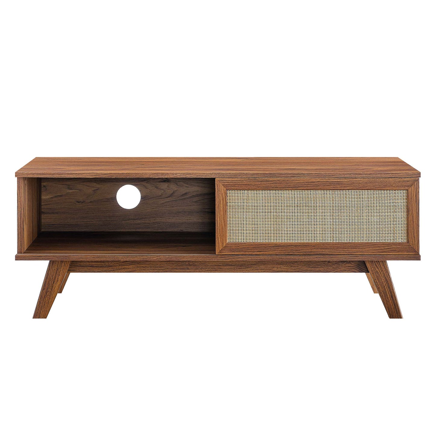 Walnut mid-century modern media console with open left shelf (cable hole) and right woven cane panel, angled legs.