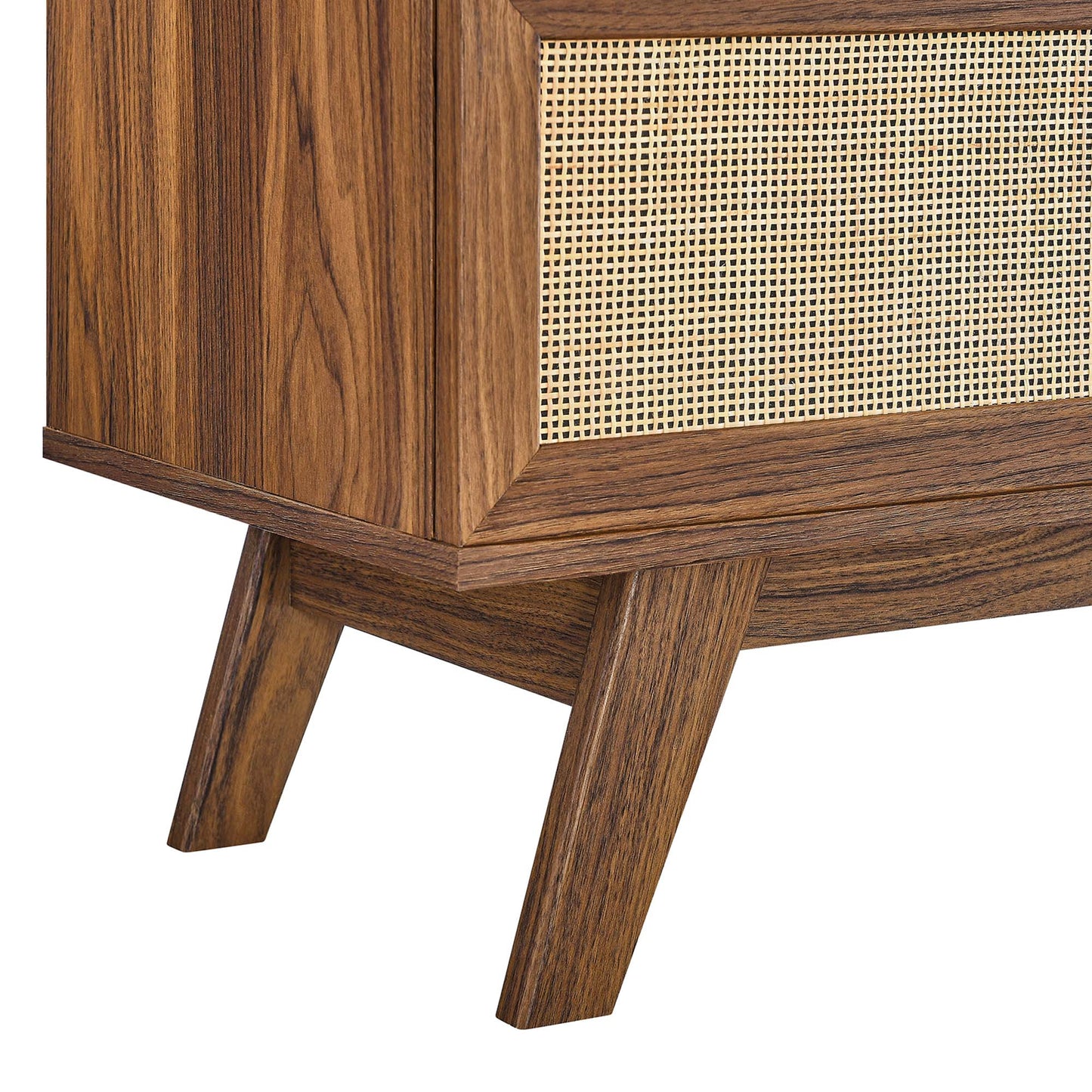 Walnut wood TV stand with woven cane front panel and angled mid-century legs