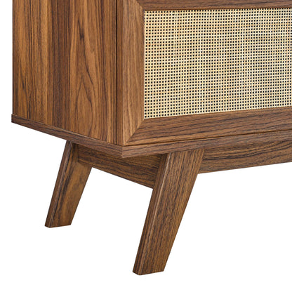 Walnut wood TV stand with woven cane front panel and angled mid-century legs