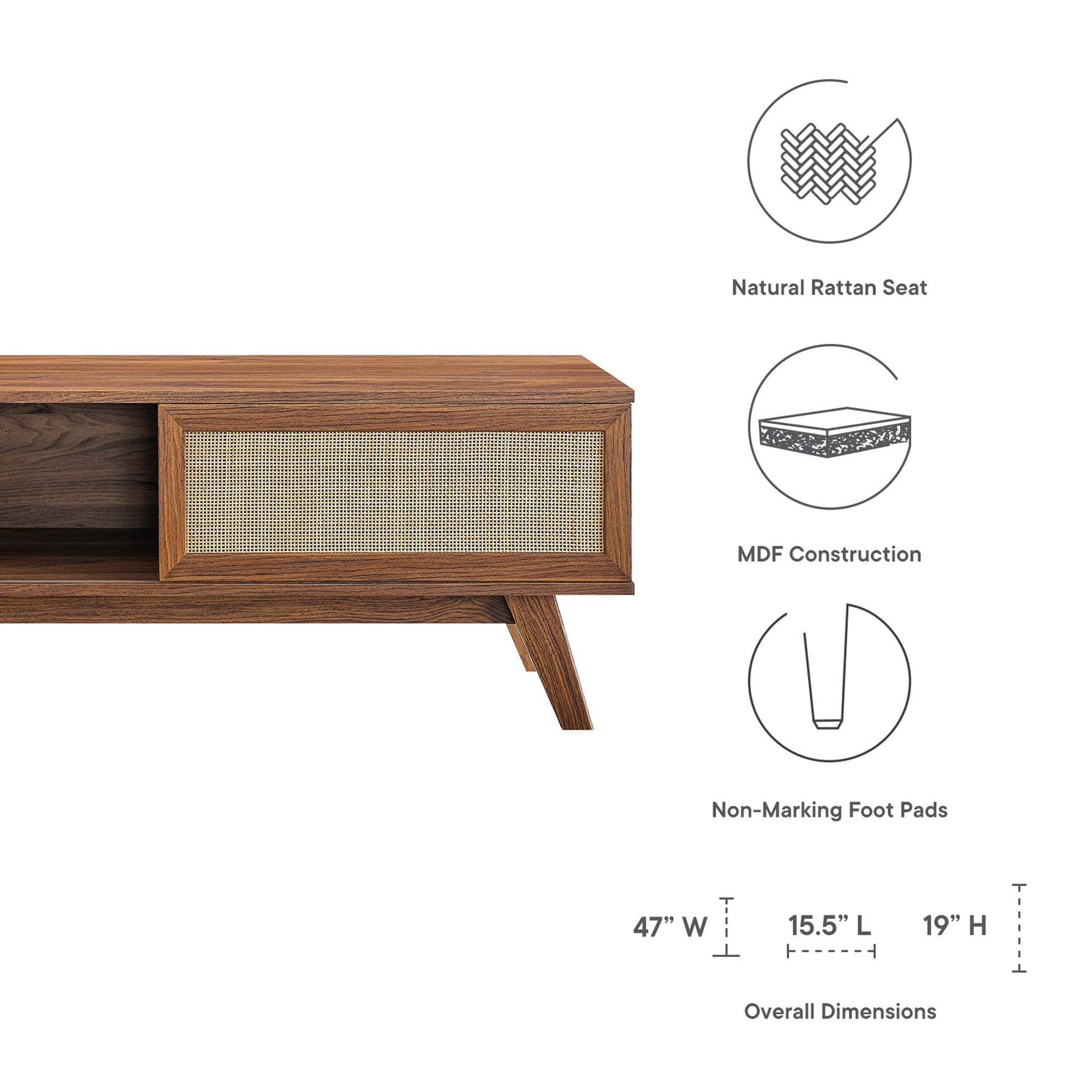 Walnut finish console with natural rattan front, mid-century modern low cabinet, MDF core, non-marking feet; 47W x 19H x 15.5D