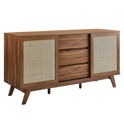 Walnut wood sideboard with woven cane doors on ends and three central drawers, mid-century modern legs.