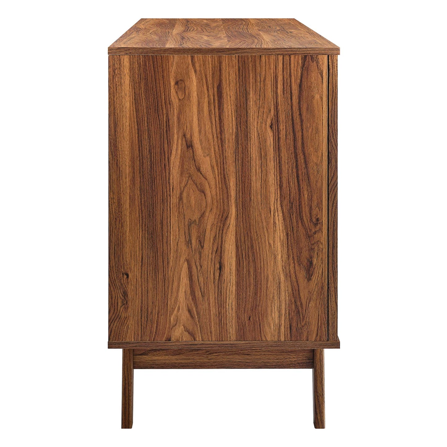 Walnut-finish wooden cabinet with rectangular box, tall slender legs and a small lower shelf.