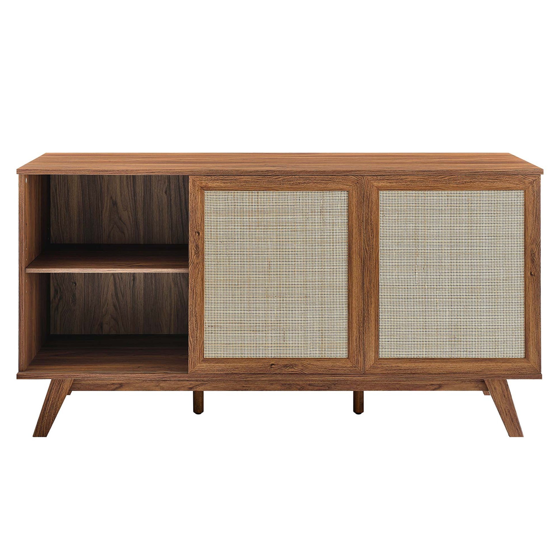 Walnut mid-century modern sideboard with open cubby on left and two cane-woven doors on the right, tapered legs.