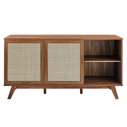 Walnut wood mid-century sideboard with two cane-panel sliding doors on left and open shelf on right, angled legs.