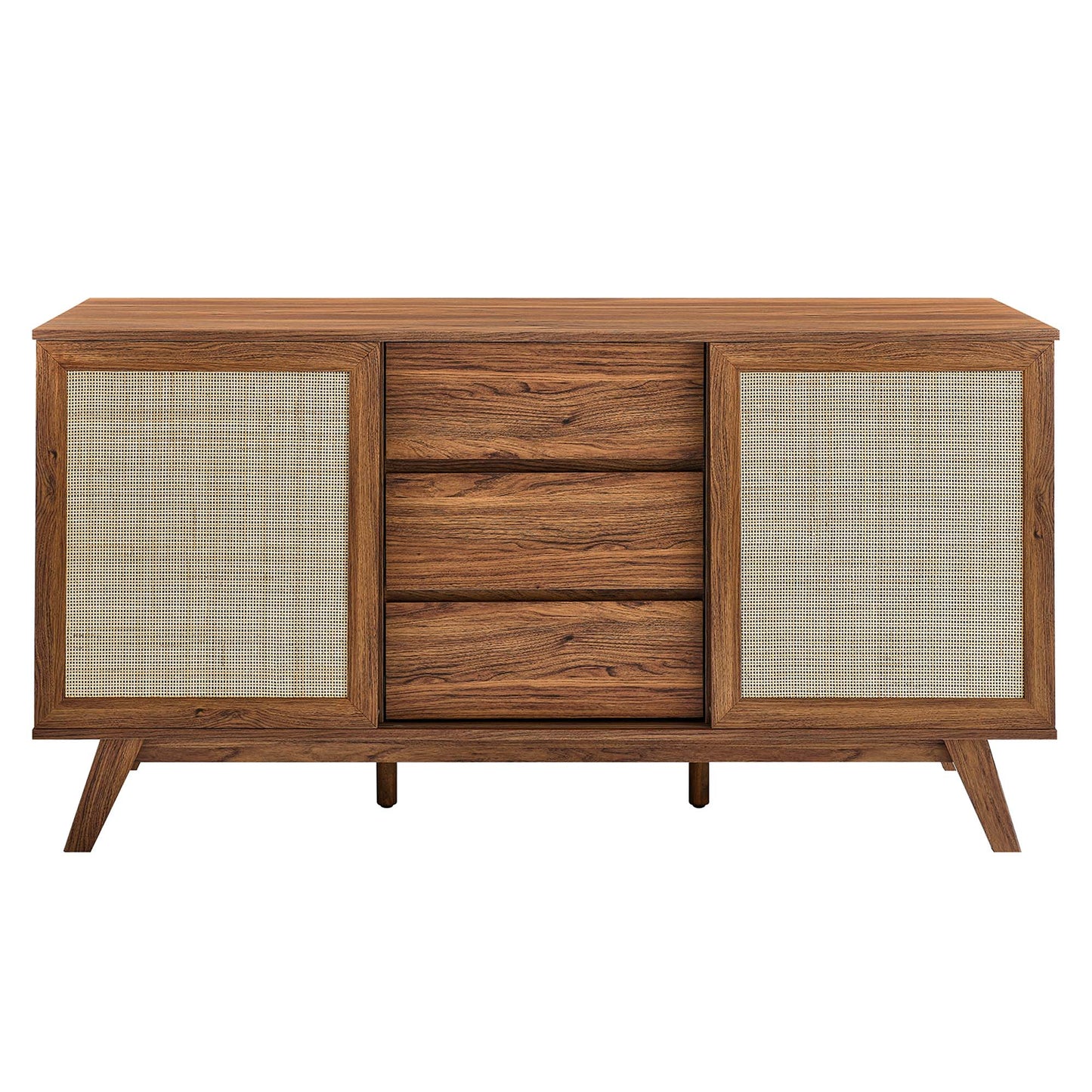 Walnut wood mid-century modern sideboard with woven cane doors on each end and three central drawers, angled legs.