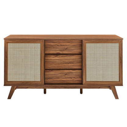 Walnut wood mid-century modern sideboard with woven cane doors on each end and three central drawers, angled legs.