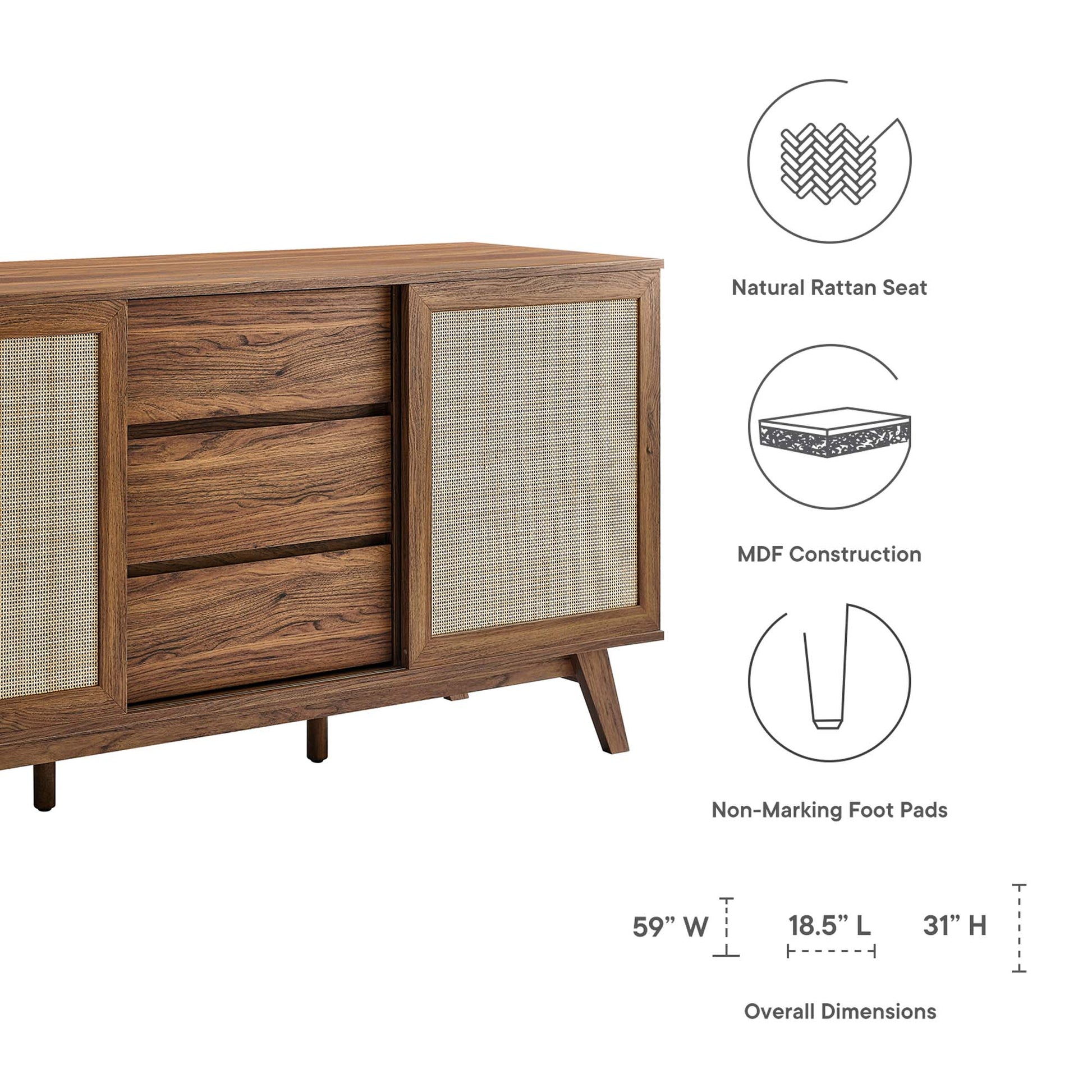 Walnut-finish mid-century sideboard with three center drawers and woven rattan cabinet doors, angled legs.