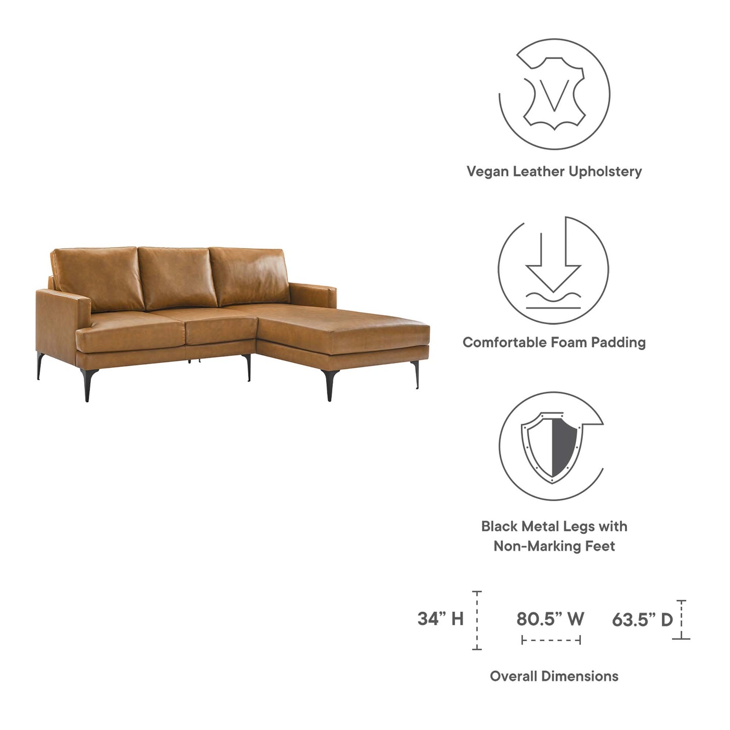 Modway Outlet Evermore Right-Facing Vegan Leather Sectional Sofa by Modway  Living Room Furniture Tan - EEI-6050-TAN