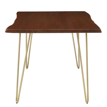 60" live-edge acacia wood dining table in brown with gold-tone metal hairpin legs.
