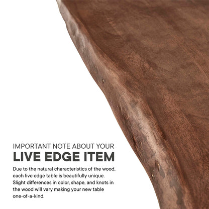 Close-up of a live-edge acacia wood dining table slab with a natural curved edge and rich brown finish.
