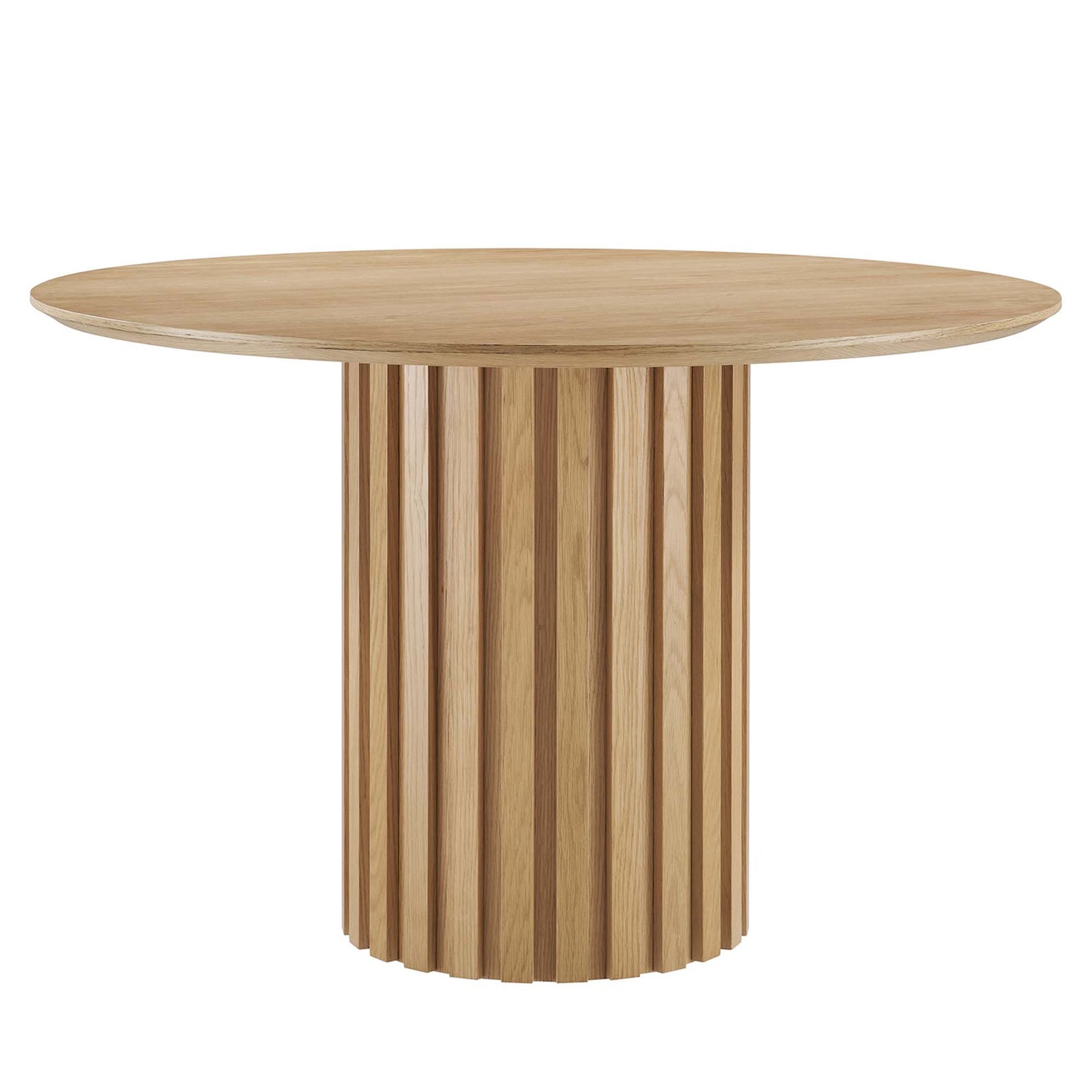 Oak round dining table with a cylindrical pedestal base made of vertical slats.
