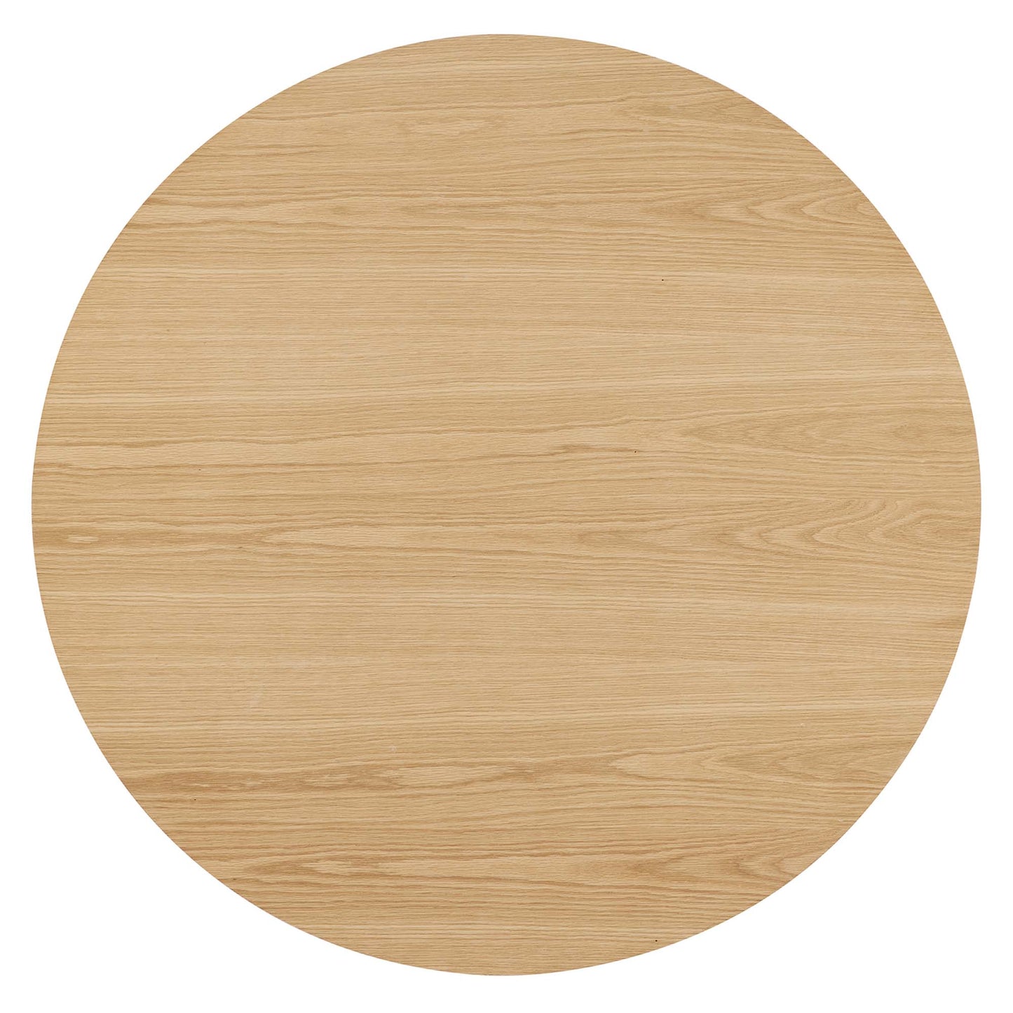 Round oak wood dining table with visible grain and light finish.