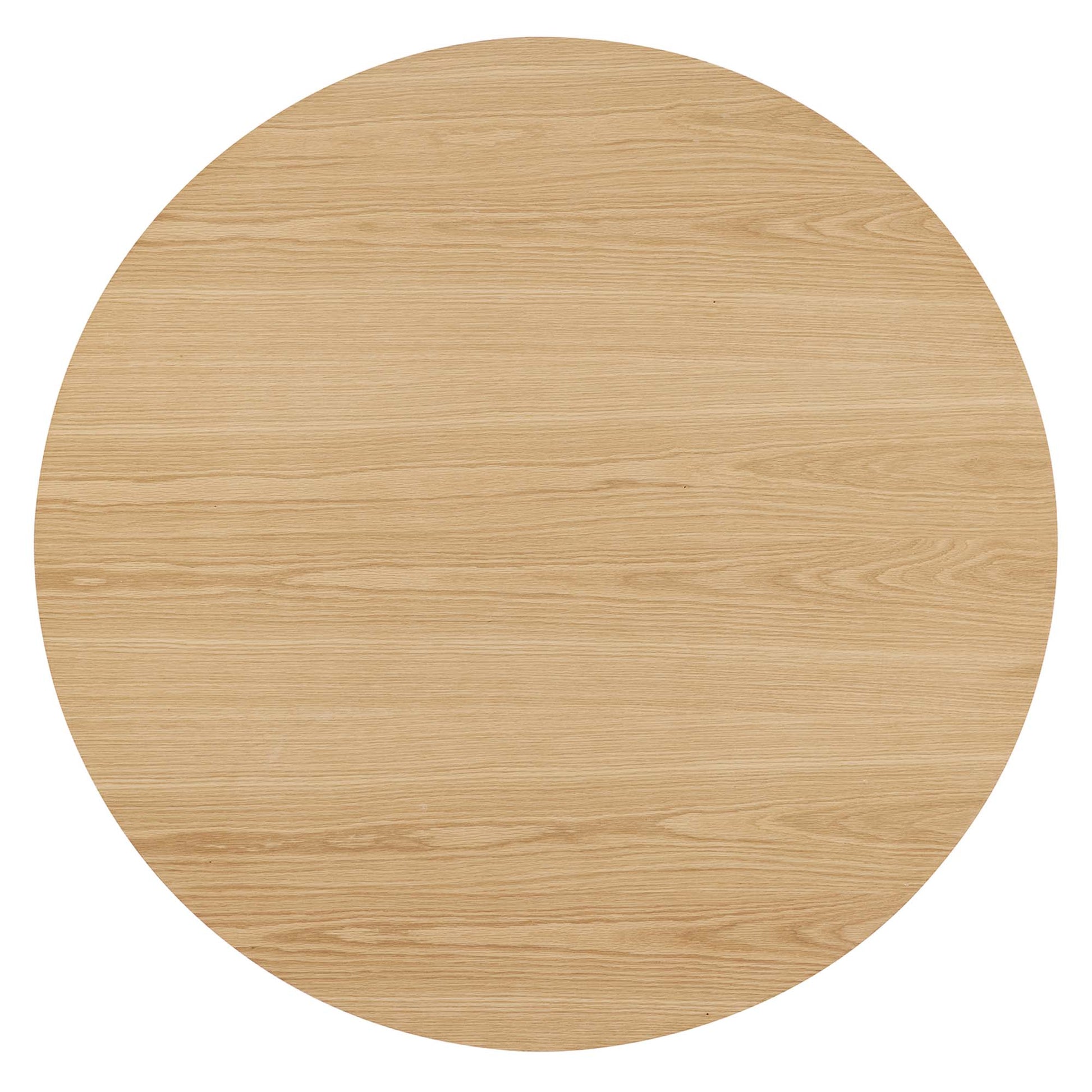 Round oak wood dining table with visible grain and light finish.