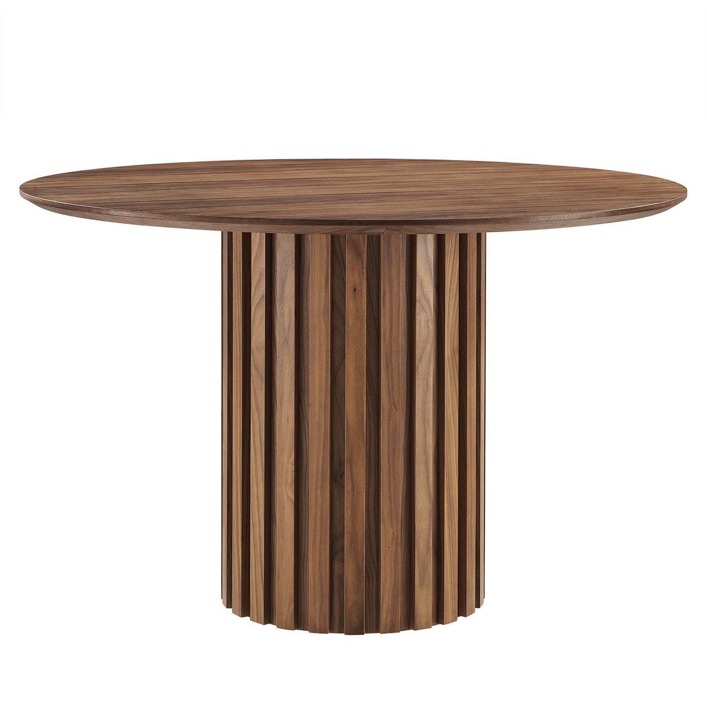 Round walnut wood dining table with a slatted cylindrical pedestal base, modern rustic style.