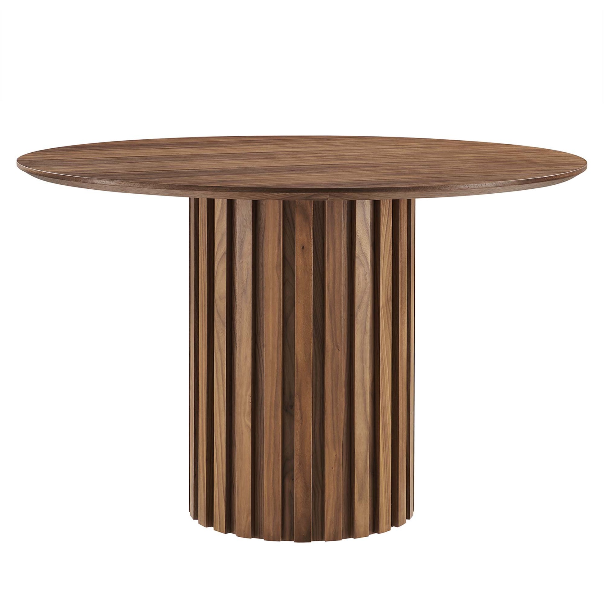 Round walnut wood dining table with a slatted cylindrical pedestal base, modern rustic style.
