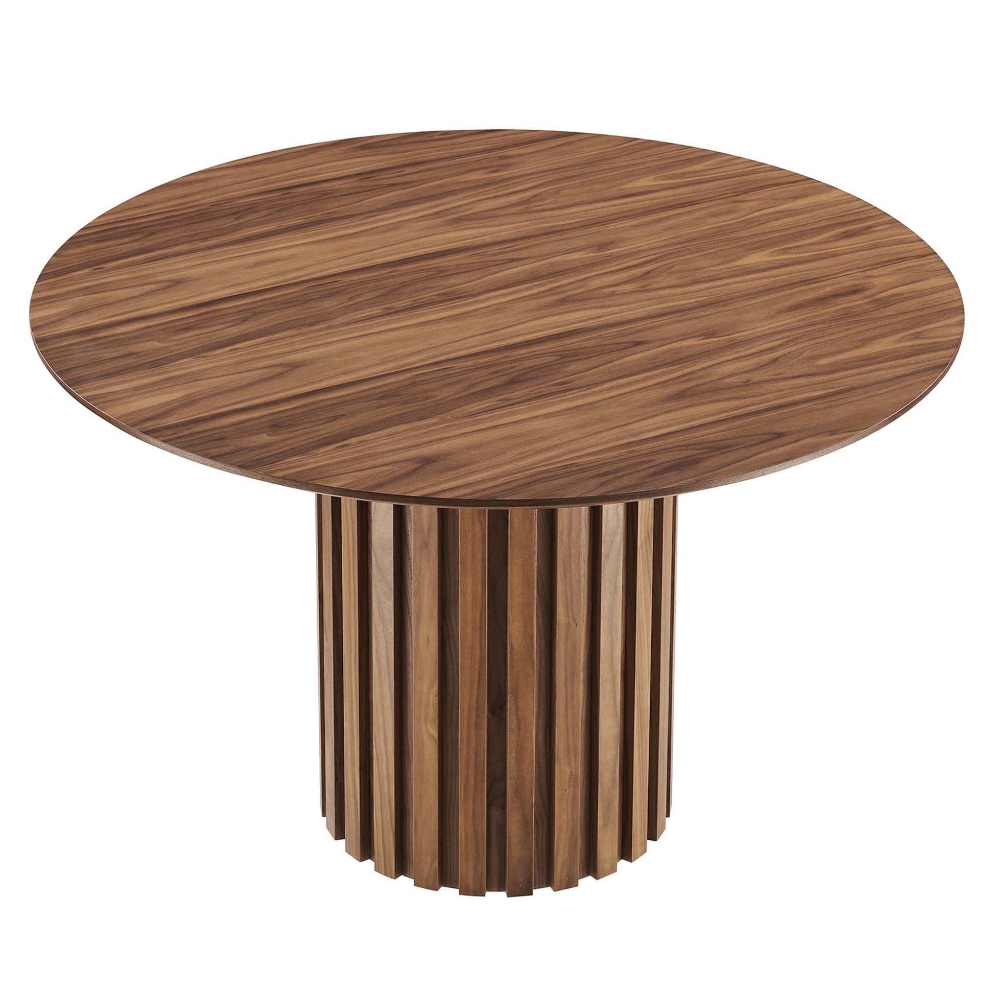 Round walnut wood table with a cylindrical pedestal base made of vertical slats.