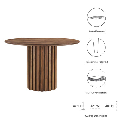 Round walnut wood veneer dining table on a vertical slat pedestal base; MDF construction; 47 in diameter, 30 in high.