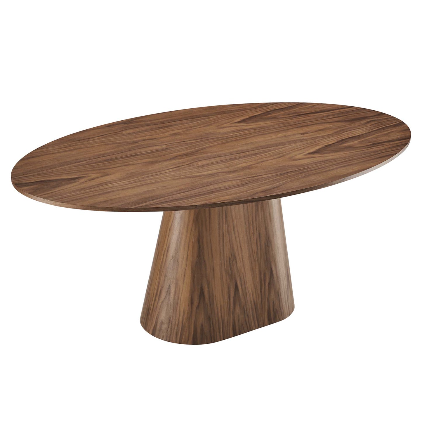 Oval walnut wood dining table on a wide conical pedestal base, mid-century modern design.