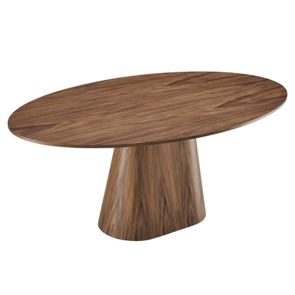 Oval walnut wood dining table on a wide conical pedestal base, mid-century modern design.