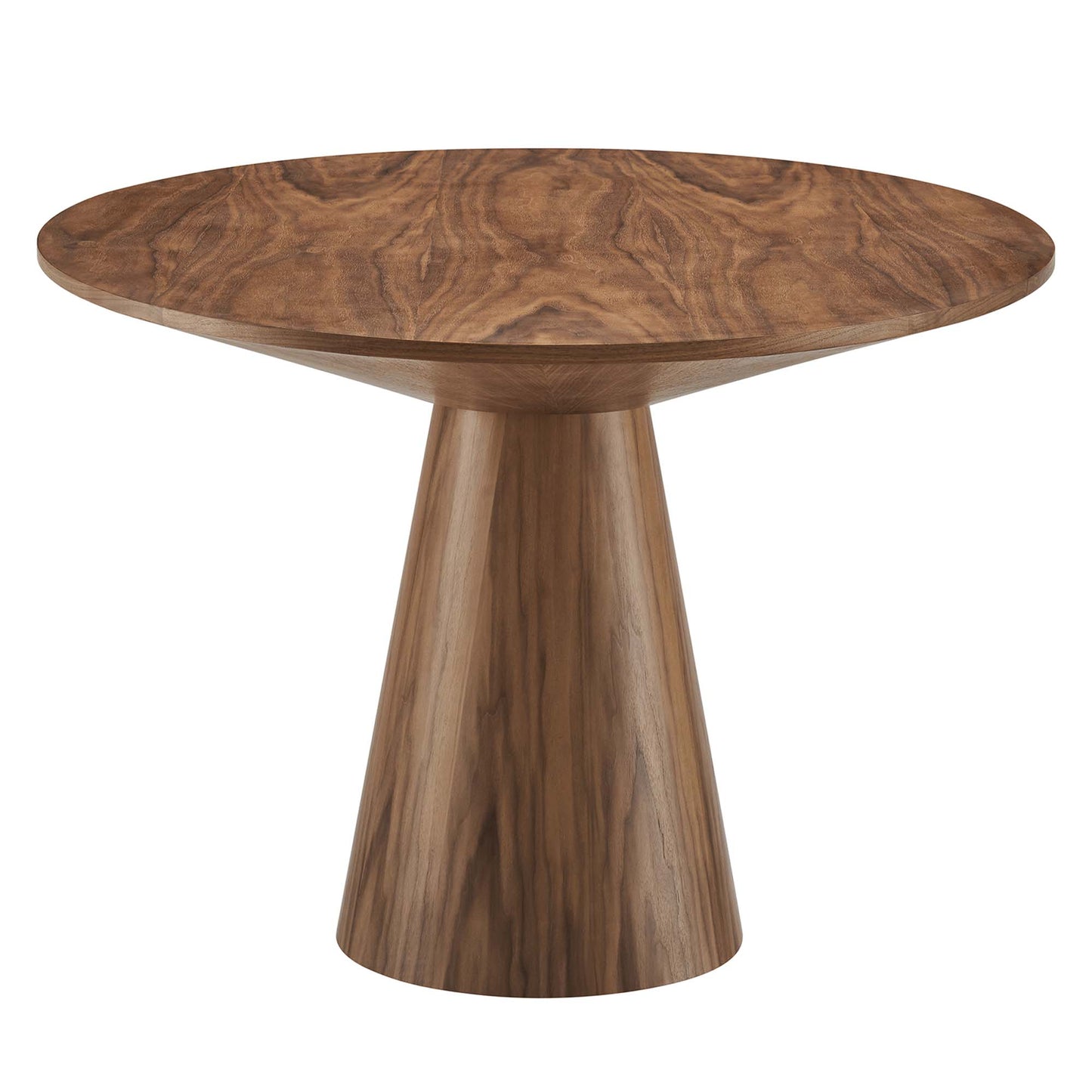 Walnut oval dining table with a sculpted conical pedestal base.