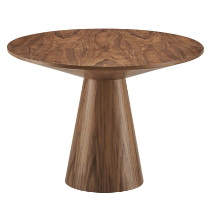 Walnut oval dining table with a sculpted conical pedestal base.