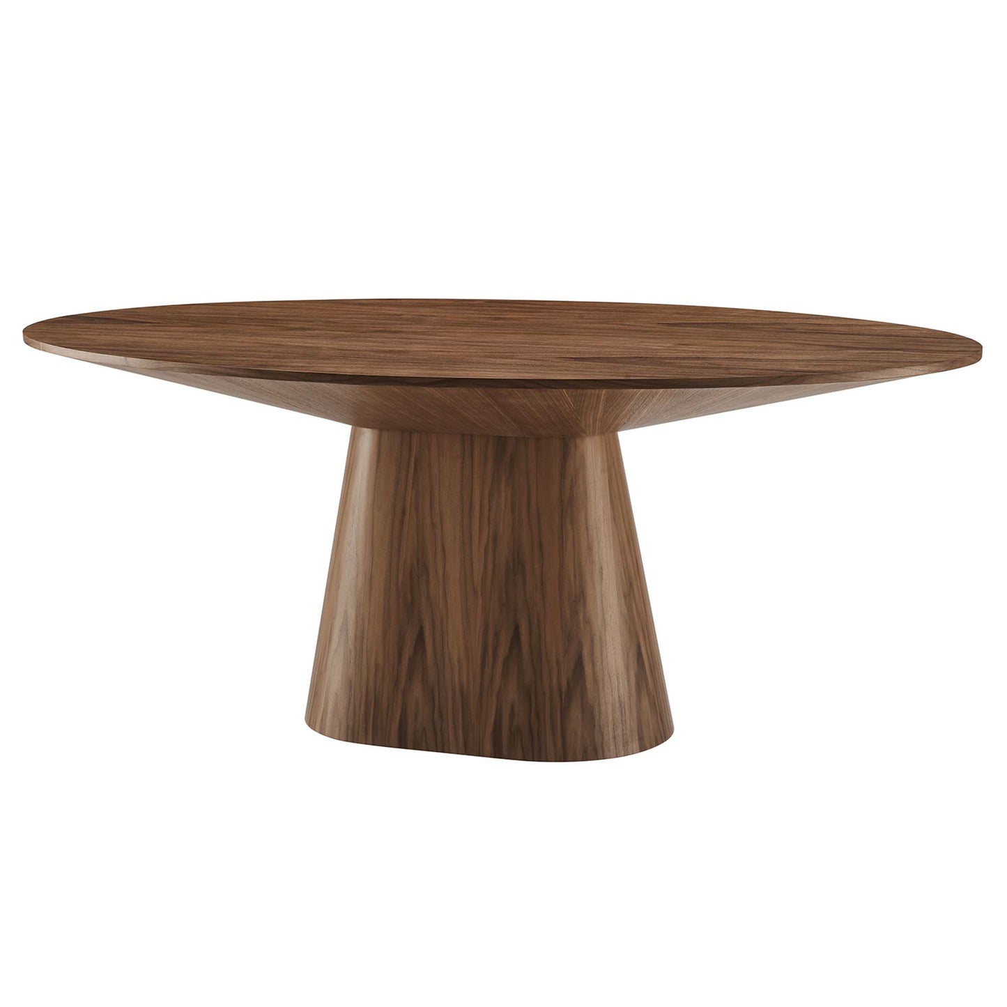 Walnut oval dining table with a wide conical pedestal base, mid-century modern style.