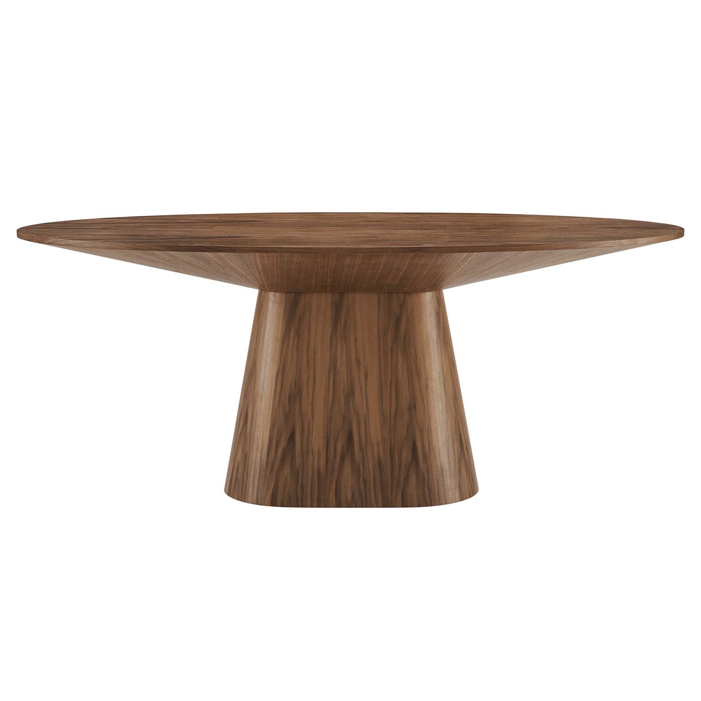 Walnut wood oval dining table with wide flat top and flared pedestal base in mid-century style