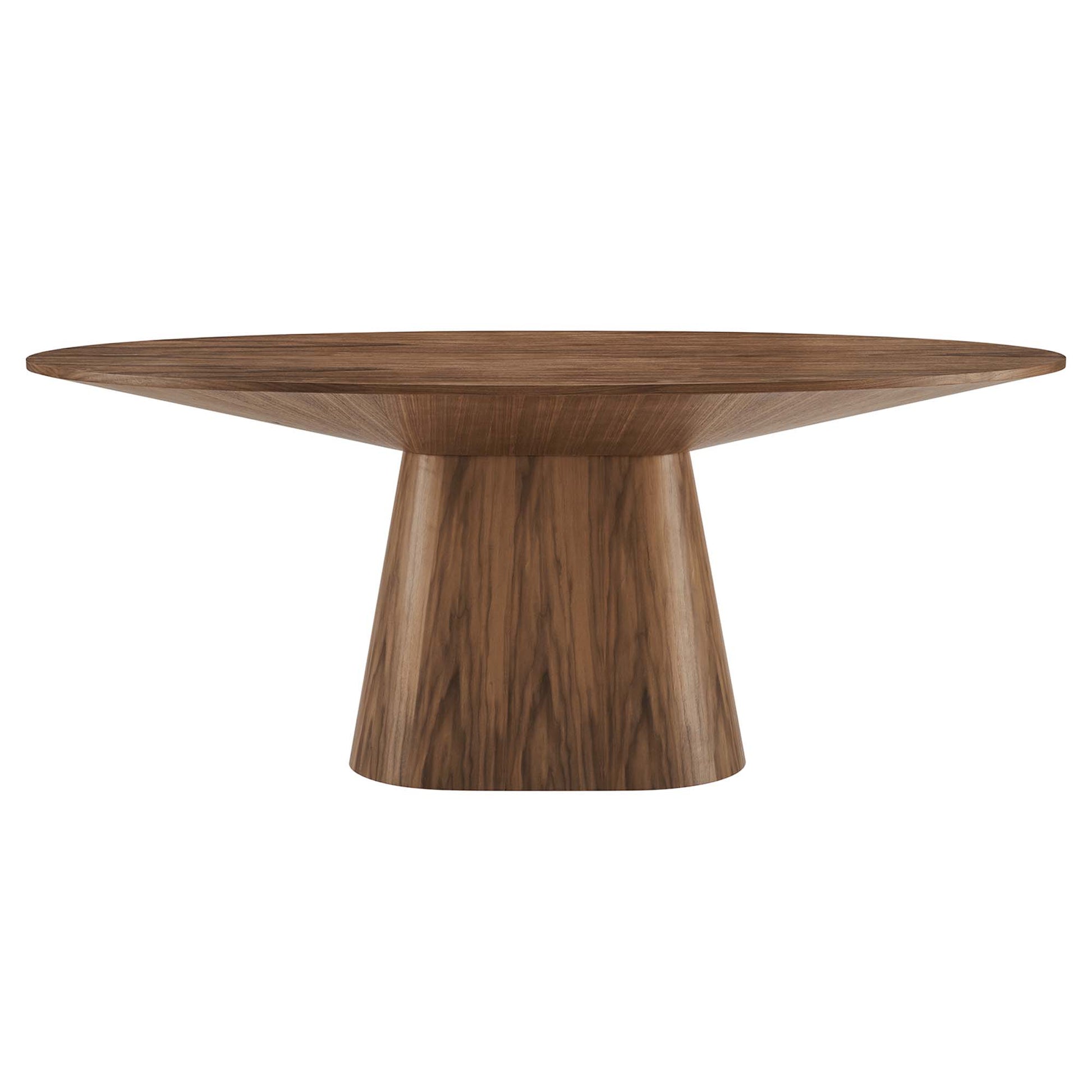 Walnut wood oval dining table with wide flat top and flared pedestal base in mid-century style