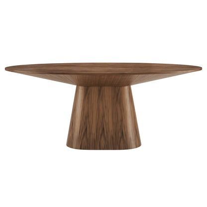 Walnut wood oval dining table with wide flat top and flared pedestal base in mid-century style