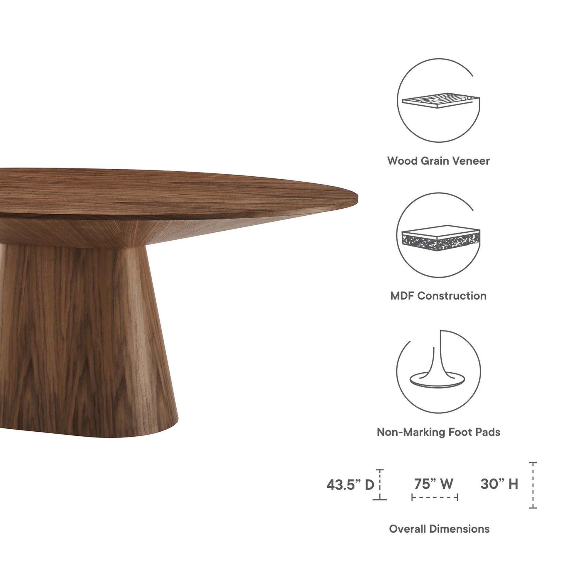 Walnut wood veneer oval-top dining table on pedestal base; MDF construction with non-marking foot pads; 75" long.