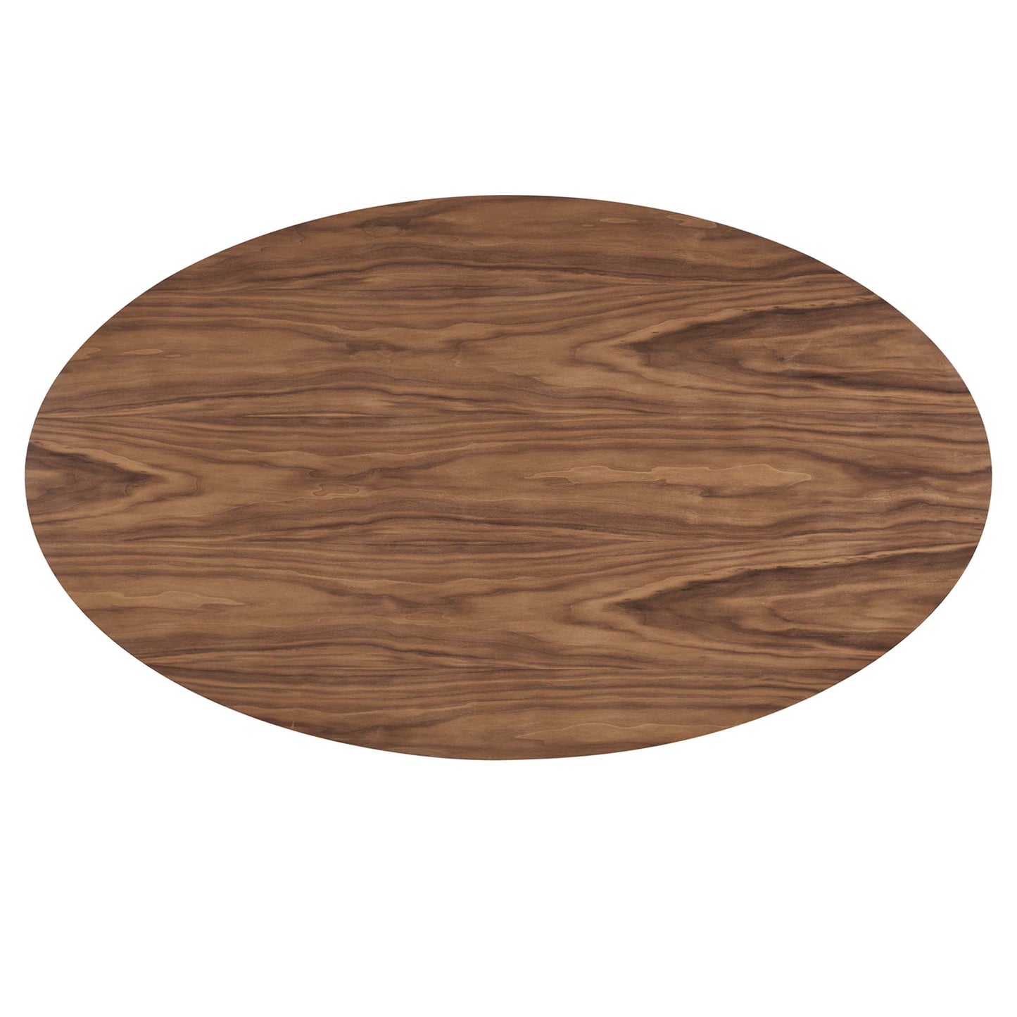Walnut wood oval dining table with natural grain pattern.