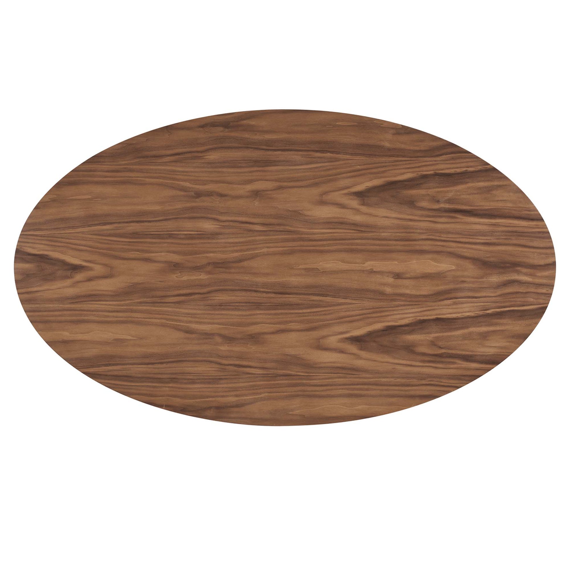 Walnut wood oval dining table with natural grain pattern.