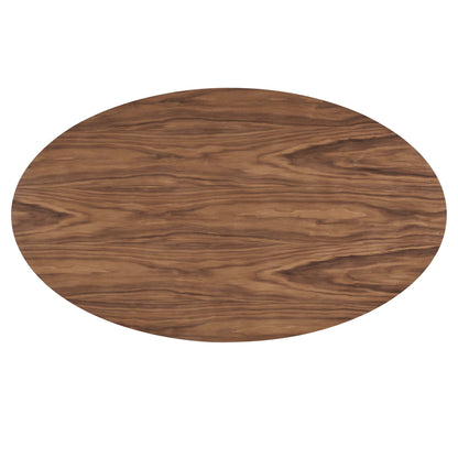 Walnut wood oval dining table with natural grain pattern.