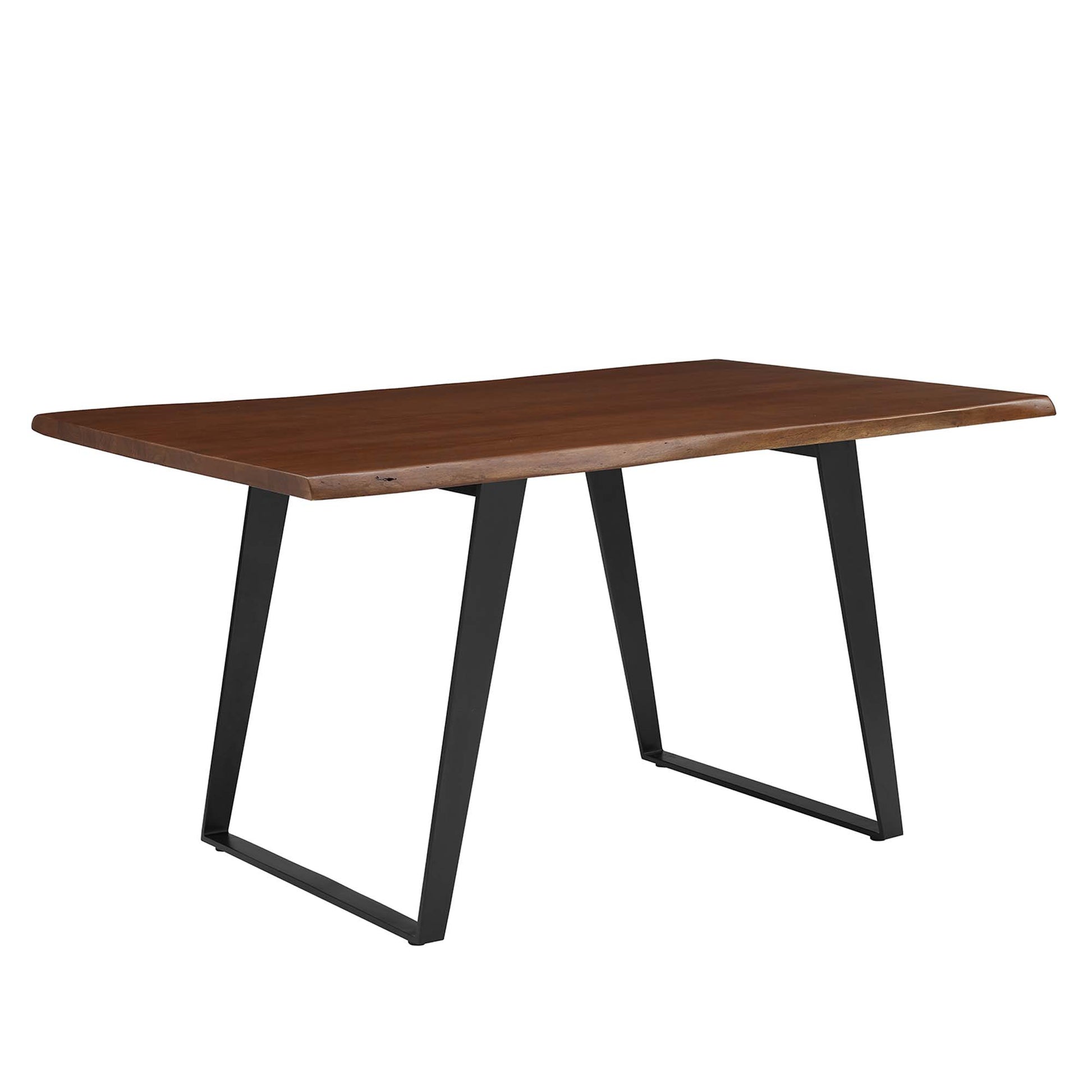 Walnut finish tabletop with black metal angled A-frame legs, modern desk or dining table.