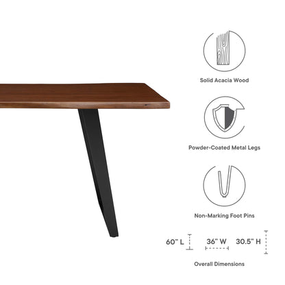 Walnut solid Acacia wood tabletop with powder-coated black angled legs, non-marking feet, 60in L x 36in W x 30.5in H