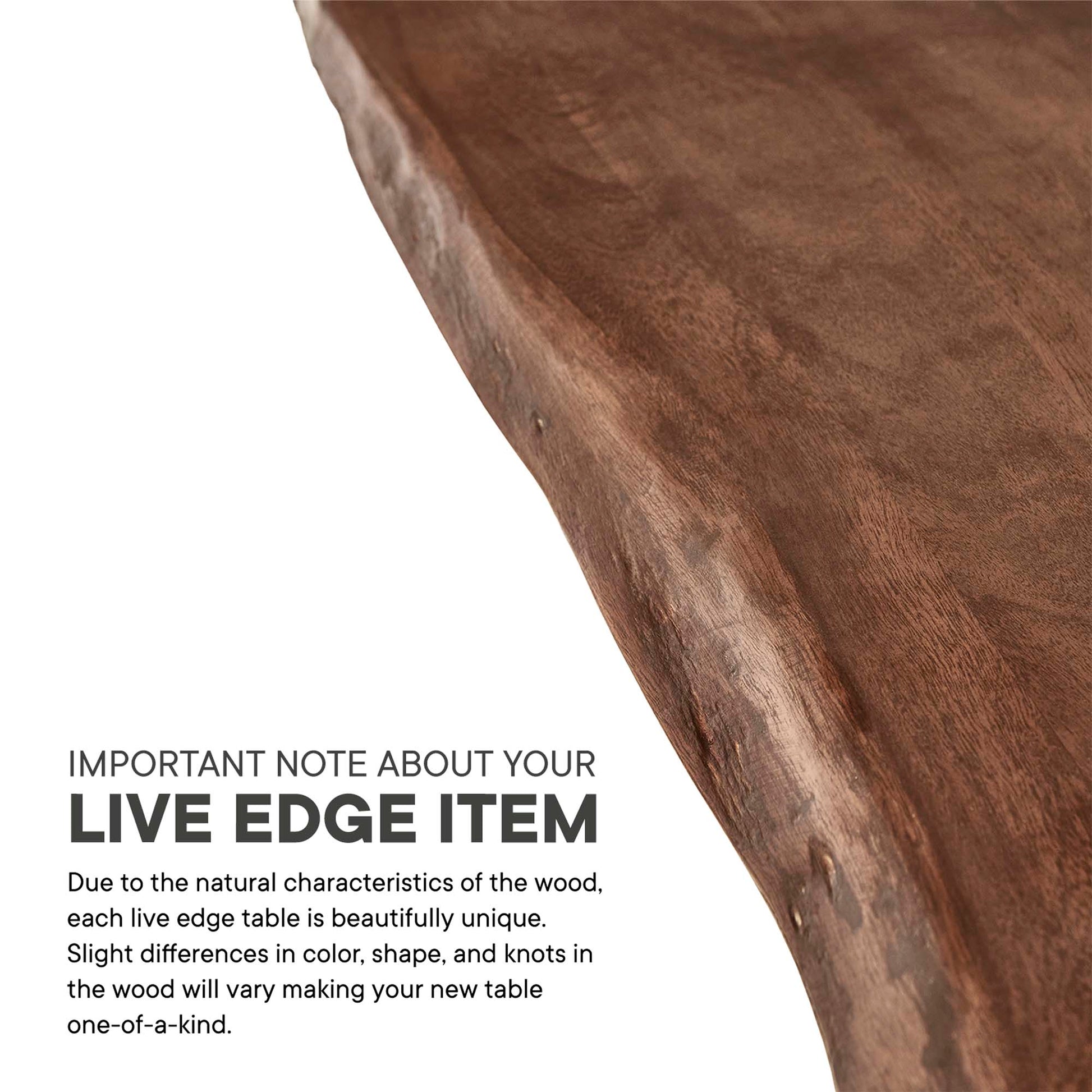 Close-up of a live-edge acacia wood dining table edge with a natural curved shape.