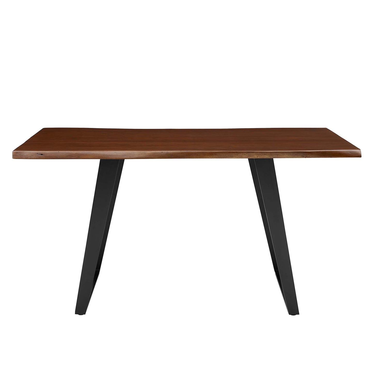 60-inch long rectangular live-edge acacia wood dining table with dark legs.