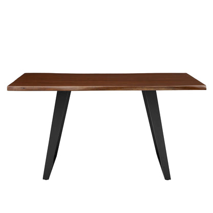 60-inch long rectangular live-edge acacia wood dining table with dark legs.