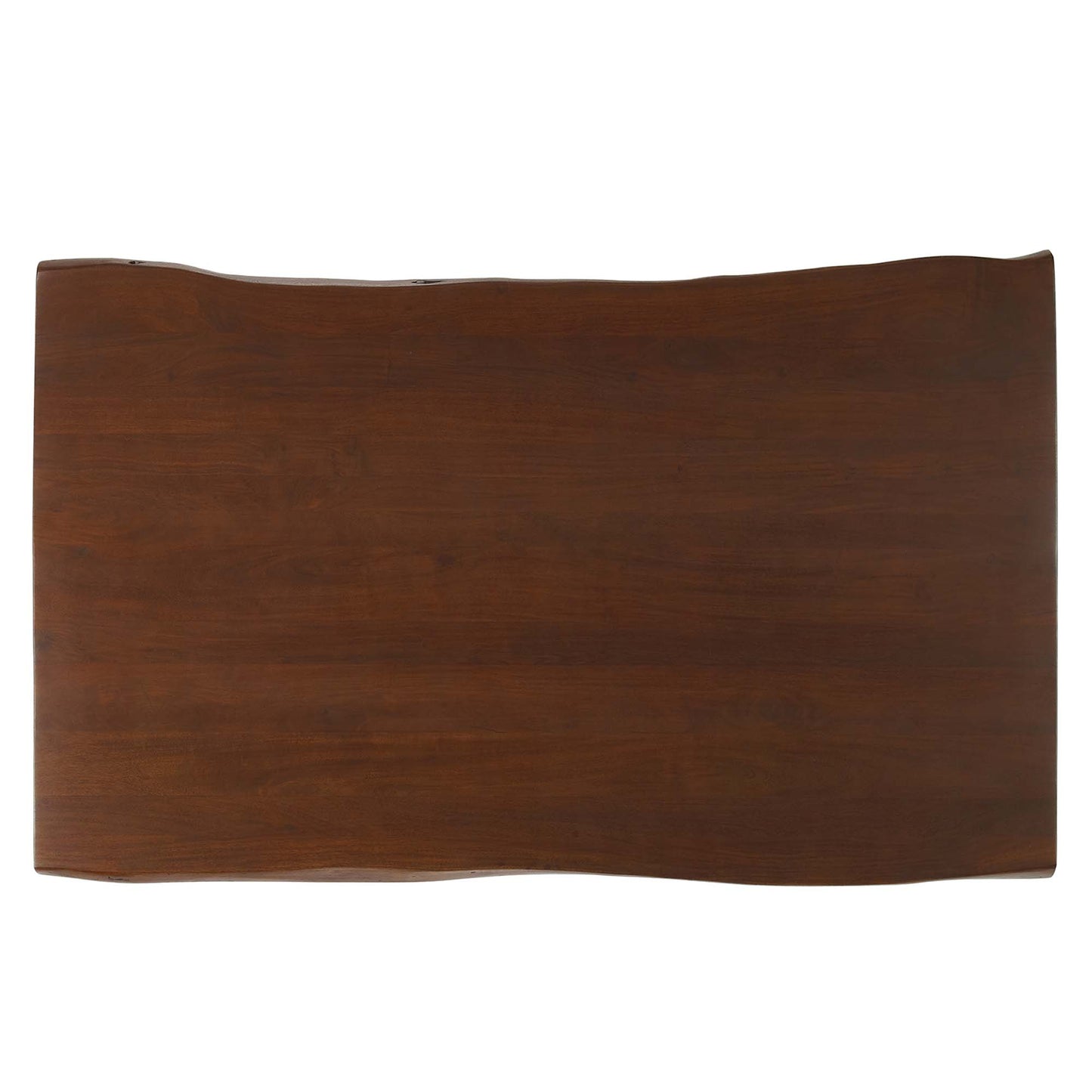 60-inch live-edge acacia wood dining table, rectangular top in rich brown tones.