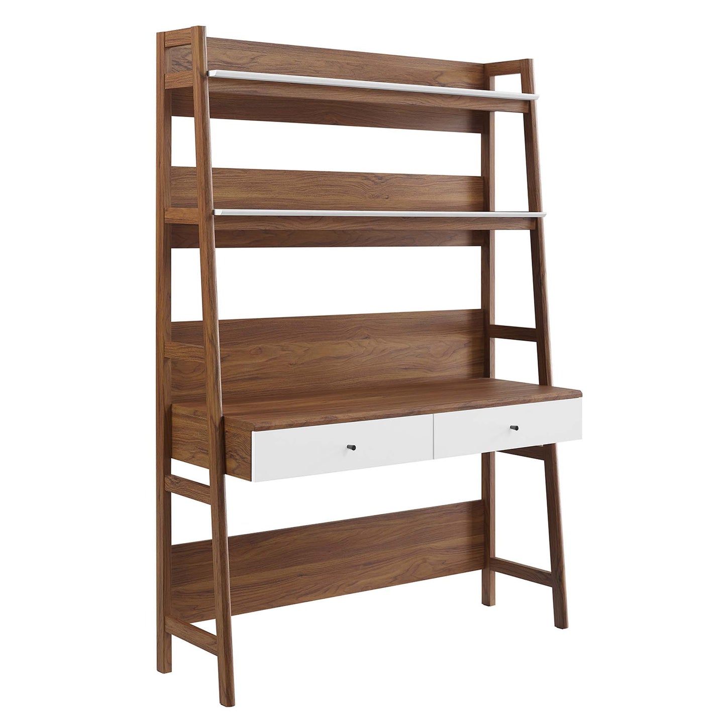 Two-tone desk with a walnut top and white lower section, featuring four open shelves and a white two-drawer base; modern storage unit.