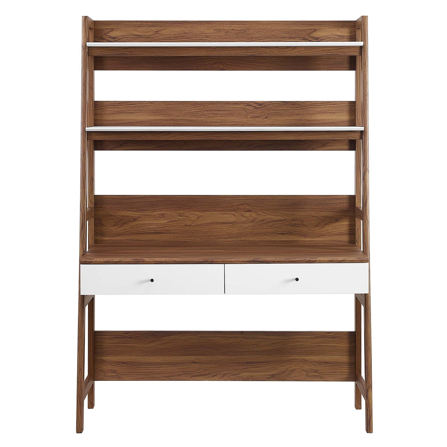 Walnut-finish wooden desk with a white two-drawer cabinet and open shelves above and below, in mid-century modern style.