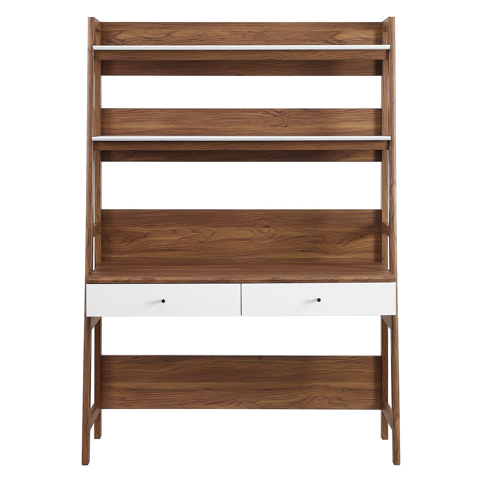 Walnut-finish wooden desk with a white two-drawer cabinet and open shelves above and below, in mid-century modern style.