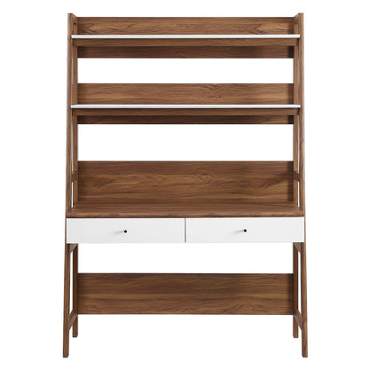 Walnut-finish wooden desk with a white two-drawer cabinet and open shelves above and below, in mid-century modern style.